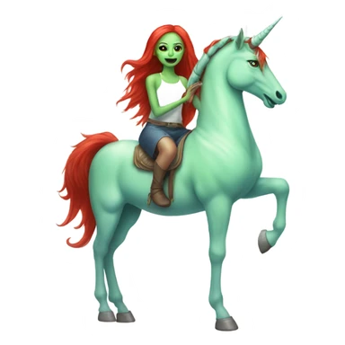 [politically incorrect
	{ woman: alien, color: light green, hair:red, eyes:cat} ]
	on a 
	[{ unicorn: white, legged:four, mane: light blue }] sticker