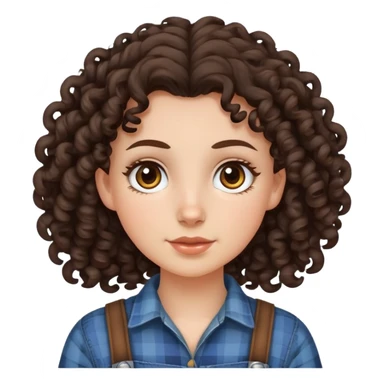 white girl with very curly dark brown hair, brown eyes, wearing farm clothes sticker