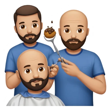 A bald man with a dark brown beard cutting someone’s hair at a barber shop and the other guy is eating a small poop ball in his hand sticker