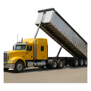 ultra-realistic yellow semi sleeper truck and silver end dump trailer, trailer tilted up as if dumping, clear reflections and shadows sticker