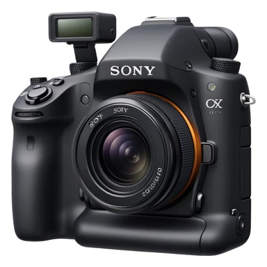 Minimal camera with 'Sony' text on the body, simple DSLR shape with small lens and Sony logo clearly visible sticker