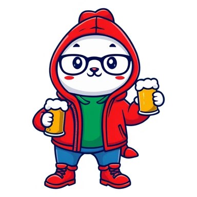 Catfish wearing a red hooded winter jacket, round glasses, blue jeans, red boots, holding a beer can with red label sticker