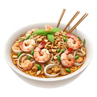 Cinematic Realistic Pad Thai Dish Emoji, depicted as stir-fried rice noodles with shrimp, tofu, peanuts, and bean sprouts rendered with vibrant textures and dynamic, appetizing lighting. sticker