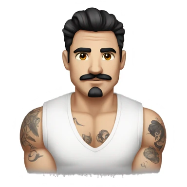 man with a white shirt and black hair, moustache, eyebrow scratch, ear ring and with an arm full of mini tattoos sticker