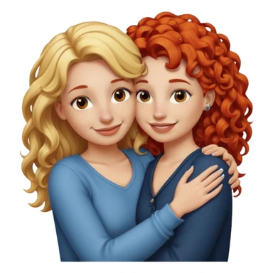 A woman with straight, blonde hair and a nose piercing and a woman with curly red hair and a nose piercing are hugging and smiling together. sticker