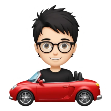 generate a pretty bratz fair skinned boy with black messy hair wearing a black tshirt driving a red car. Glasses on.  sticker