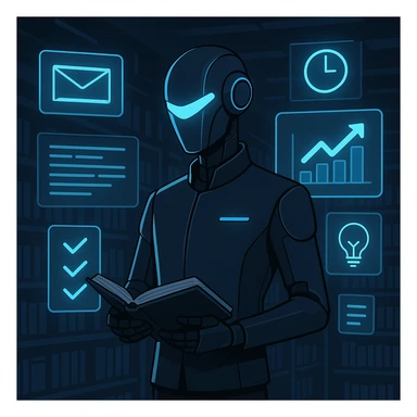 futuristic robot librarian, dark mode, with holographic screens and glowing productivity icons, dressed in minimalist smart attire sticker