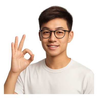a young Asian man with cool brown short hair, wearing black framed glasses, a white top, making an OK gesture with his right hand, and smiling confidently sticker