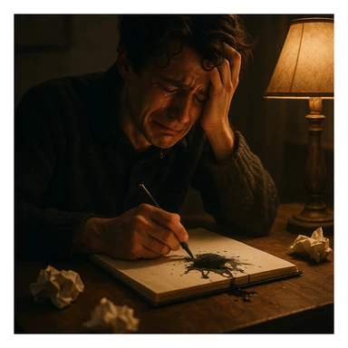 An emotional writer at a desk, tears falling onto a notebook, ink running. Warm lamp lights the scene, crumpled papers on the floor. Artistic, cinematic vibe, overwhelmed expression. sticker