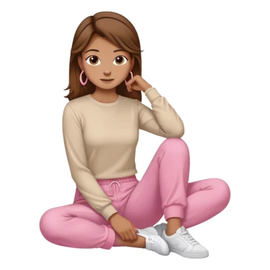 girls, brown hair, tan light brown skin, mid hoop earrings, cream long sleeve top, pink pants, sitting sticker