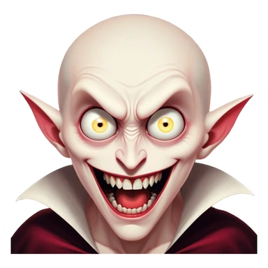 Cinematic Comical Vampire Portrait Emoji, with a sharply stylized, slightly caricatured pale face accented with exaggerated fangs and overly dramatic wide eyes filled with comic shock, head tilted in a hilariously startled pose, simplified yet amusingly detailed, glowing with a soft mysterious glow and a playful outline capturing the quirky humor of a vampire in disbelief! sticker