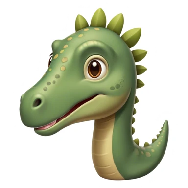 Cinematic Cute Brontosaurus Portrait Emoji, Head tilted playfully with a gentle smile, featuring a charming, massive form with an elongated neck and a small, endearing head adorned with bright, curious eyes, Simplified yet irresistibly adorable features, highly detailed, glowing with a warm, inviting prehistoric glow, high shine, affectionate and lively, stylized with a touch of whimsical ancient charm, soft glowing outline, capturing the essence of a playful Brontosaurus that seems as if it could amble out of the screen into your arms! sticker