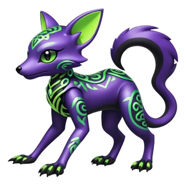 Futuristic modern badass cool shiny metallic alloy black-obsidian purple neon-green white lime animal hybrid Fakemon full body with intricate patterns sticker