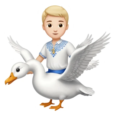 A boy in a Ukrainian white embroidered shirt flies on a white goose sticker
