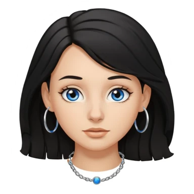 White Girl with black shoulder length hair slightly curly, has a tan, blue eyes, nose ring hoop sticker