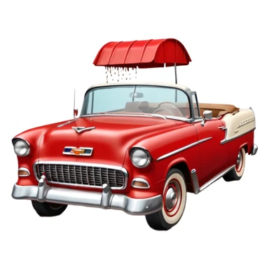 1955 Chevrolet Bel Air Convertible, Red-White color, with a bucket of brown mud pouring down on it, and the car itself is covered in brown mud on the sides that has stuck.32x32 pixels, aspect ratio: 1:1 sticker