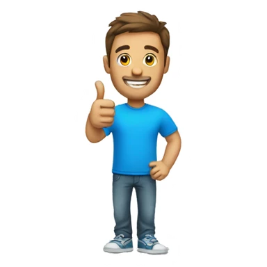 a man in a blue T-shirt smiles and shows a thumbs up sticker