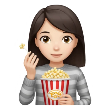 girl with dark brown straight hair, striped light sweater, gray eyes, holding popcorn in her hands sticker