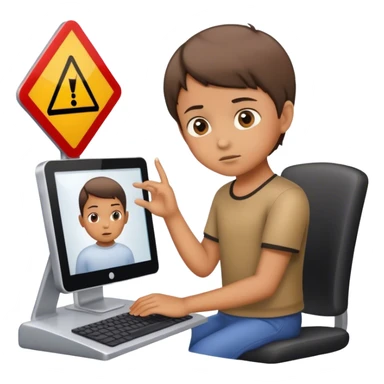 un niño trabajando con el ordenador, y en la pantalla un señal de advertencia sticker