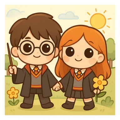 Transform Harry Potter and Ginny Weasley into an even more chibi style with larger heads, smaller bodies, and big expressive eyes, while keeping the simple line style and the original background scene. sticker