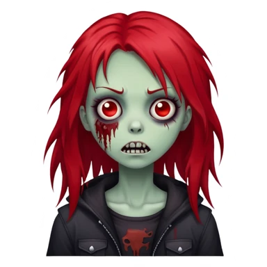 spooky zombie girl, red medium-long hair, emo and shaggy, creepy face sticker
