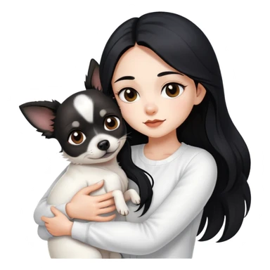 Fair skin girl - long black hair - white clothes - hugging a black chihuahua sticker