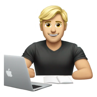 male ,Desk with macbook and pcb, european blond with classs sticker