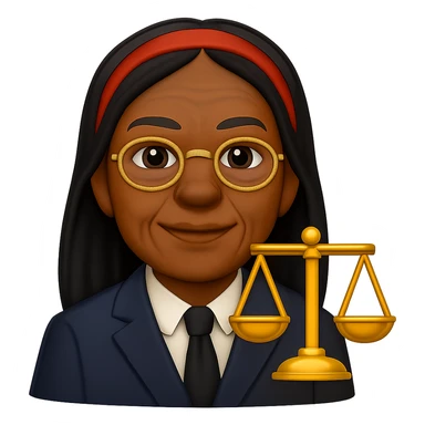 Make the Black woman lawyer look older, with subtle signs of age such as gentle smile lines and a mature, confident expression. Keep the long black hair, red headband, and strong, sharp personality. Render in emoji style with transparent background. sticker