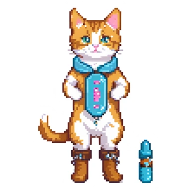 a cat in boots standing on its hind legs and holding a Viagra pill in its front paws sticker