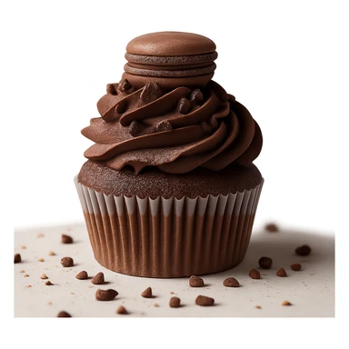 Change the icing to chocolate while keeping the realistic cupcake and accessories in a photorealistic style. Maintain transparent background. sticker