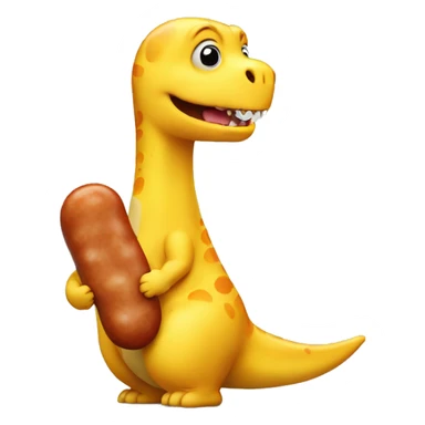 a cute fat yellow dinosaur is eating a jumbo sausage sticker