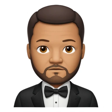 Laurence Fishburne with dark brown hair and short beard, black suit with bow tie sticker