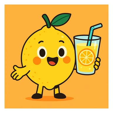 a cute lemon character holding a glass of lemonade, cheerful and bright, adorable and friendly sticker