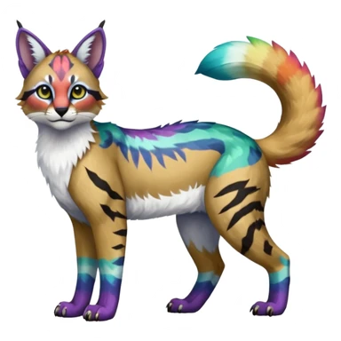 Colorful tropical tribal pale light fruity pastel white glorious iridescent divine exotic cute albino neon vibrant zigzagged cool beautiful fantasy-caracal-civet-genet-sergal-vernid-Gryphon-Cacomistle-Trico-oncilla-animal-Fakémon-hybrid-fursona (full body), facial markings,  sticker