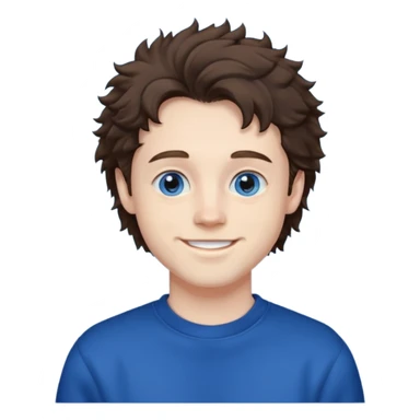 male , blue eyes , pale skin , brunette fluffy hair , dark blue sweatshirt sticker