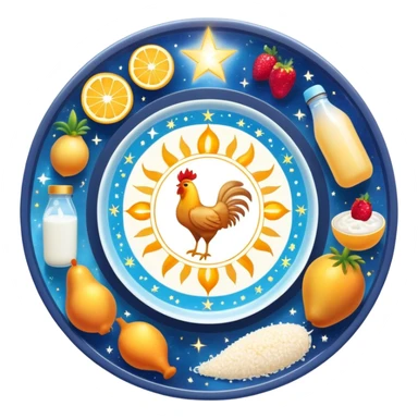 Magical daily fitness nutrition schedule with ethereal water bottle, celestial sun, enchanted chicken and rice plate, mystical gym equipment, glowing yogurt, sparkling fruits, and dreamy sleep symbol, all arranged in a cosmic circle with starry aura sticker