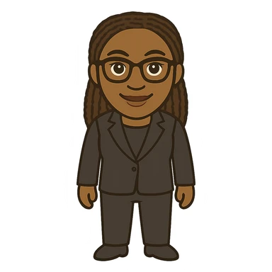 Add a business suit to Kemi Badenoch, full body, standing, in a cartoon style with transparent background. sticker