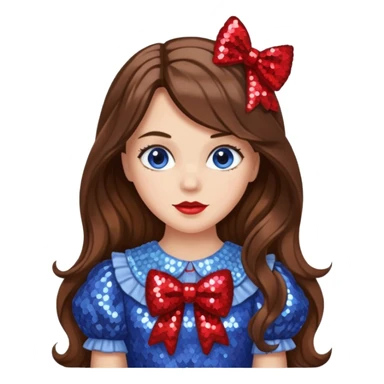 Dorothy Gale from the Wizard of Oz with long brown hair, periwinkle sequin outfit, red sequin bow sticker