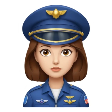 woman with brown hair and brown eyes.  space ship captain with white military hat sticker