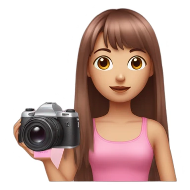 cute girl with dark brown eyes and long, straight rose hair with fringe and holding camera and wearing pink tank top sticker