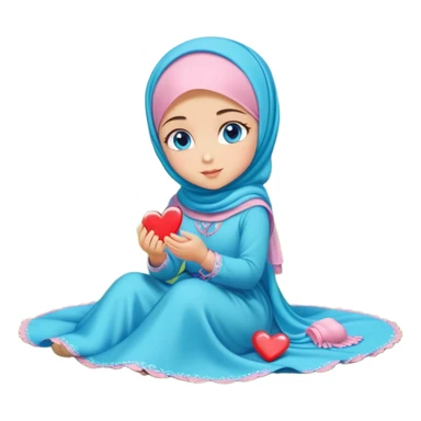 Turkish beautiful finish Konya girl blue eyes with candy hijab long tail dress and sits on the grass on the ground and sends hearts with her hand  sticker