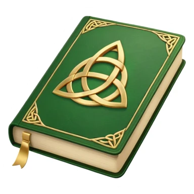 a green closed book with a golden triquetra sticker