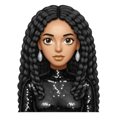 Solange with long black hair, black sequin outfit sticker