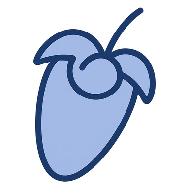 Create a flat, modern version of the FL Studio logo featuring a stylized orange fruit with green leaves. The design should be simple, minimalistic, clear, and highly recognizable, consistent with the flat blue illustration style. Use a fully transparent background. sticker