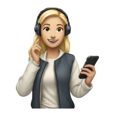 blonde female student standing by a locker wearing wireless headphones, winter coat, taking a selfie with cell phone sticker