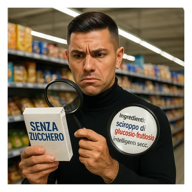 Supermarket, man like the reference, holding 'SENZA ZUCCHERO' product, ingredient list shows 'sciroppo di glucosio-fruttosio' in bold red, confused, floating magnifying glass, hyper-realistic, harsh fluorescent light. Variant 8. sticker