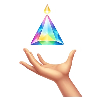 Pov white tone skin hand holding a glowing prism refracting light.  Only the hand should be displayed, nothing else.  sticker