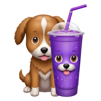 A dog with a purple drink sticker