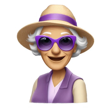 Older lady in a mobility scooter wearing purple sunglasses and a big hat sticker