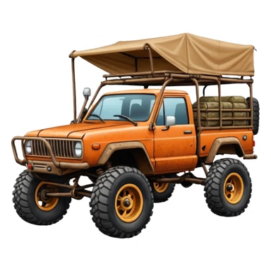 Well-equipped Off road Race truck whose frame and detailed suspension is made of shopping cart material with padded roll cage, roof rack, winch, and antique style handmade bodywork (survivalist style) sticker